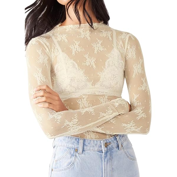 Sheer Mesh Long Sleeve Layering Top for Women Mock Neck See